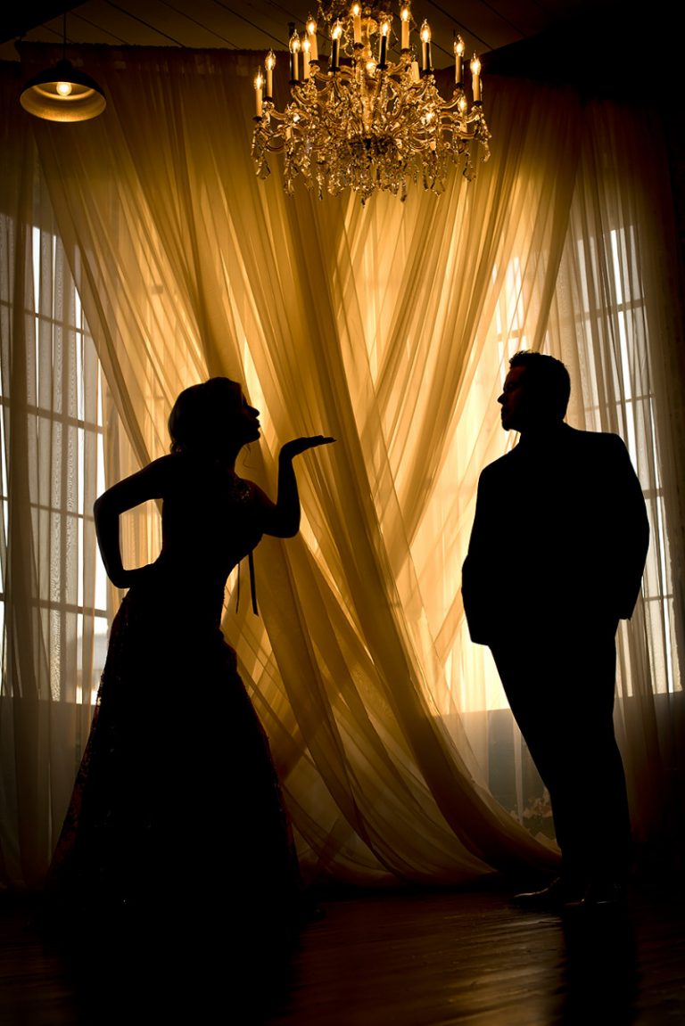 Silhouette of a woman and a man standing under a chandelier with soft lighting in the background.